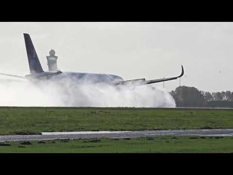 Massive Spray & Crosswind Landing | Caribbean to Europe 🌴➡️🌧️ A350 CUR 🇨🇼 → AMS 🇳🇱| Wet Runway Spray