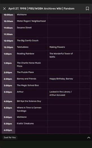 PTV Park WGBH Schedule (Classic) - April 27, 1998: 28 years ago today