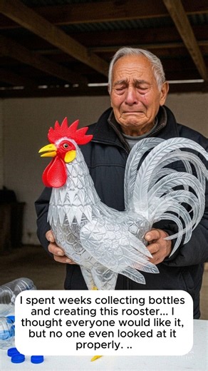 Some people see trash. I see treasure waiting to be discovered. This was supposed to be my proof. ✨ For weeks, I walked and collected discarded bottles—pieces of glass that the world had thrown away. In my mind, I could already see him: a proud rooster, shining in the sun. I spent so much time carefully placing every single piece to bring him to life. I truly thought everyone would like it. But when I finally showed him to the world... no one even looked at him properly. It felt like they still 