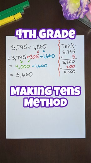 🤫 This video isn't for everyone. By 4th grade, your kid might have a favorite addition method - maybe Adding On really works for their brain, maybe they like the way the Compensation Method lays all of the numbers out, or maybe they are waiting for the day where they can just line everything up and add. But for those that like the Making Tens method, it is possible to do it with larger numbers! It takes practice with working memory to hold on to the numbers, but all of our kids are capable of l