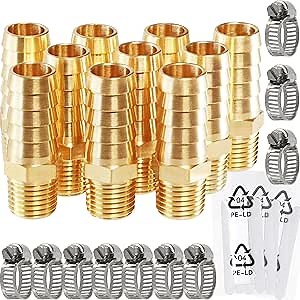 Brass Hose Barb Fittings，1/4 NPT to 1/2 inch Barb Fitting, Brass Metals Adapter Connector with Stainless Steel Hose Clamp 10 PCS ，Ideal for Air, Fuel, Gas, Oil (1/2" Barb x 1/4 NPT Male, 10)
