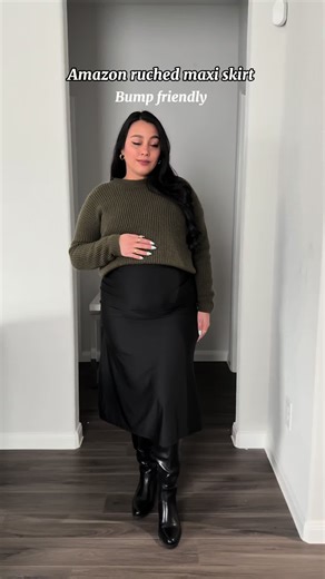 This skirt is so stretchy 🖤 Wearing it comfortably at 7 months pregnant, definitely passed the test. This skirt is from Amazon store @oyoangle_official Wearing size L at 28 weeks pregnant. Linked on my Amazon store front and LTK #OYOANGLE #amazonfashion #bumpfriendly #pregnancyfashion #amazonholidayoutfits Maxi skirts for pregnant woman, Amazon fashion for pregnant woman, bump friendly outfits.