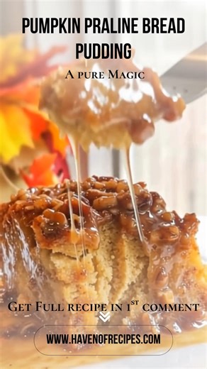 Pumpkin Praline Bread Pudding  Cozy pumpkin spice bread pudding baked until custardy and golden, then drenched in a warm brown sugar praline sauce with crunchy pecans. It’s like the best parts of pie and cobbler in one pan Get Full Recipe in First Coʍmеոτ  & ❤️ Enjoy ❤️ #pumpkindessert #breadpudding #pralinedessert #fallbaking #comfortfood | Haven Of Recipes | Facebook