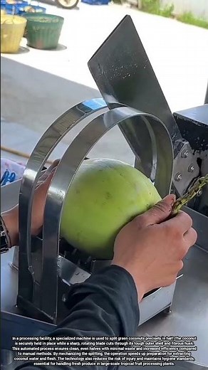 Efficient Machine Cutting Green Coconuts in Half for Safe and Hygienic Processing