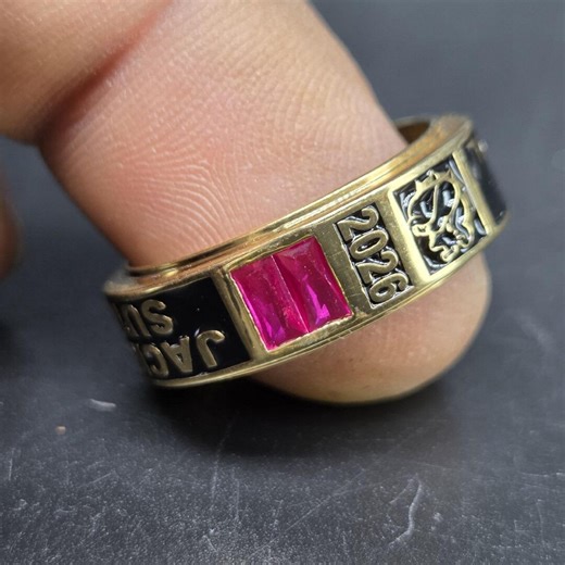 Custom 2026 Class Ring With Pink Ruby Stone, Personalized Graduation Band, Gold & Black Enamel Commemorative Band, Lion Crest Statement Ring - Etsy