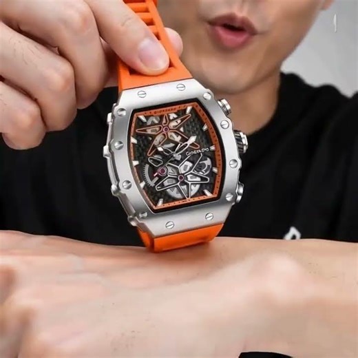 Giordano Analog Skeleton Dial Watch for Men-Tonneau Case,Silicone Strap.#watchesonline#watchesformen