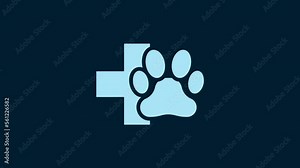 White Veterinary clinic symbol icon isolated on blue background. Cross hospital sign. A stylized paw print dog or cat. Pet First Aid sign. 4K Video motion graphic animation Stock Video