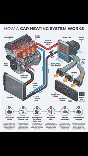 Think your car's heater is just blowing hot air? It's actually recycling engine warmth! Coolant absorbs heat from your engine, flows through the heater core (a mini radiator), and a fan blows air over it, sending warmth into your cabin. A simple but brilliant use of wasted energy! 🔥🚗 #HowItWorks#CarHeater #AutoTech #CarMaintenance #WinterDriving | Learn with QS