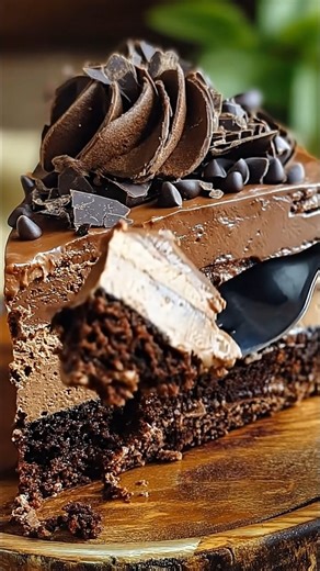 Chocolate Mousse Cake Delightful Ingredients Cake Layer 1½ cups all-purpose flour 1 cup granulated sugar ½ cup unsweetened cocoa powder 1 teaspoon baking powder ½ teaspoon baking soda ½ teaspoon salt ½ cup unsalted butter, softened 2 large eggs 1 teaspoon vanilla extract 1 cup buttermilk 1 cup semi-sweet chocolate chips Chocolate Mousse 2 cups heavy whipping cream ¼ cup powdered sugar 1 teaspoon vanilla extract Garnish Dark chocolate shavings 👩‍🍳 Instructions 1. Prepare the Cake Layers Preheat