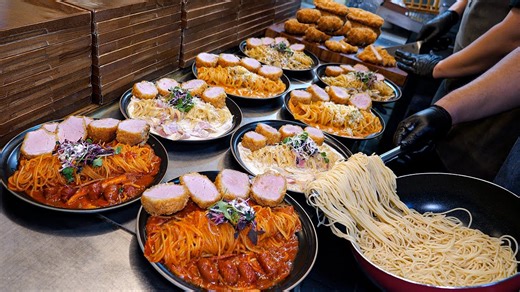 51K views · 1.1K reactions | 100 Bowls Sold Out in 1 Hour! Insane Japanese Tonkatsu & Pasta Combo - Korean street food | Food Processing | Facebook