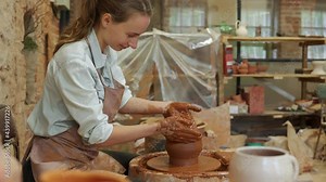 Woman potter working on Potter wheel making a clay pot. Master forming the clay with her hands creating pot in a workshop