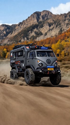 King's Campers on Instagram: "Volkswagen | T1 4x4 Expedition Camper 1967 | “Iron Dune” – AI digital design A 1967 VW T1 reborn as a 4x4 overland rig built for extreme terrain. Matte grey body, lifted suspension, off-road tires, roof rack, recovery gear, and winch make it desert ready. The camper module keeps expedition practicality, while the interior features warm wood finishes, modern seating, and a compact kitchen—blending retro vibes with off-grid capability. #volkswagen #vwbus #overland #ca