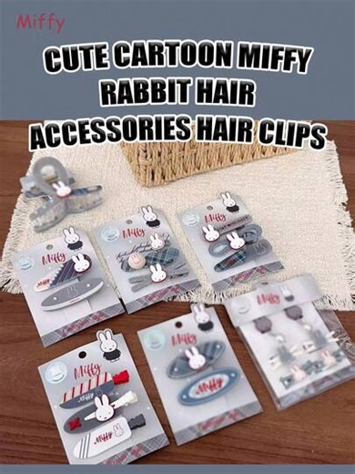 MIFFY 2026 New Korean Style Gray & Red Striped Series Plaid Bow Pearl Clip Hair Accessories Set, Cute Cartoon Miffy Rabbit Design Large Hair Clips And Bangs Clips Multi-Piece Set, Retro Plaid Pattern Hair Decorations With Acrylic Pendant | SHEIN