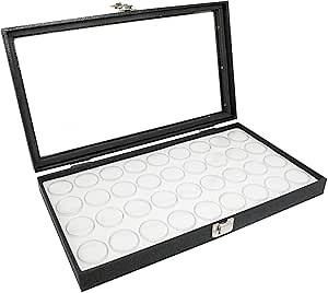 Novel Box Gem Display Case 14.75x8.25x2.1 + Large Size 24 Gems Jars | Fossil Display Case with Lid & White Tray Foam Liner | Rock Storage Box with Metal Clasp | Display Cases for Collectibles