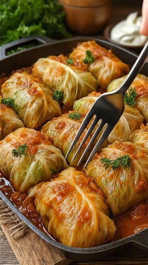 Classic Stuffed Cabbage Rolls – RECIPE 🥬🍅✨ 💚 Hearty, comforting, and made with love — Stuffed Cabbage Rolls are old-school deliciousness at its best! Whether you call them Golabki, Halupki, or just good home cooking, these rolls bring the flavors of grandma’s kitchen straight to your table. Tender cabbage leaves are wrapped around a savory beef and rice filling, baked in a tangy tomato sauce until melt-in-your-mouth perfect. It’s the kind of meal that warms your soul — and your leftovers tast