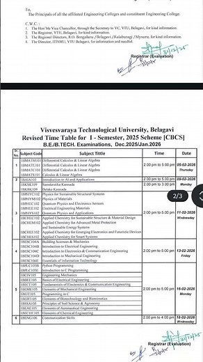 Exam Time Table for 1st Semester - 2025 Scheme - VTU UNIVERSITY