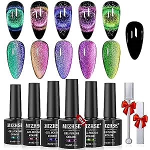 MIZHSE 9D Cat Eye Gel Nail Polish, Magnetic Cat Eye Gel Polish Set, 10ml*6 with 2 Magnets, Classic Colors Chameleon Magic Galaxy Effect Soak off Nail Art, Sparkle Stunning Gel Polish Gift for Women