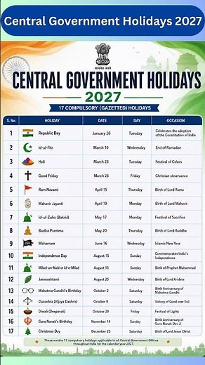 Central Government Holidays 2027 #2027holidays #2027governmentholidays #shortsviral