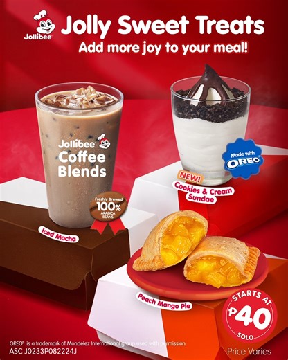 49K reactions · 3.3K shares | Add a Sweet Treat to your favorite Jollibee​ Meals—Peach Mango Pie, Iced Mocha, or the NEW Cookies & Cream Sundae. 省 Order now via:  bit.ly/JollibeePHApp  JollibeeDelivery.com ☎️ #87000  Dine-in or Take Out  Drive-Thru ️ GrabFood or Foodpanda | Jollibee | Facebook