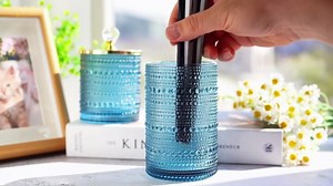 kanpura Set of 2 Glass Makeup Brush Holder Organizer, Blue Cosmetic Makeup Brush Glass Brushes Storage Holder, Vintage Make Up Brush Cup Wedding Decor Cosmetic Lipstick Eyeliners Pen Pencil Holder