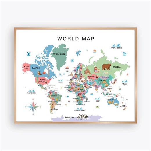 World Map for Kids With Countries and Illustrations, Educational World Map Poster for Classroom Homeschool, Fun Geography Wall Art - Etsy