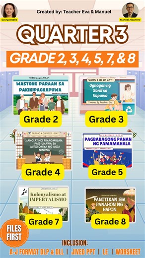 427 reactions · 190 comments | Available na po mga Ka-Teachers and Quarter 3!  Grade 2, 3, 4, 5, 7, and 8. A-J Lesson Format DLP with Jived PPT DLL  Message us now for complete details. ⛔️Disclaimer: Only Teacher Eva and Teacher Manuel are allowed to sell these materials. Unauthorized selling or distribution is strictly prohibited. | Teacher Eva and Manuel | Facebook