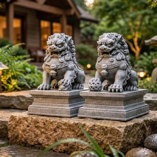 Stone Fu Dog Guardian Lion Statues, Chinese Foo Dogs Pair, Feng Shui Garden Decor - Etsy