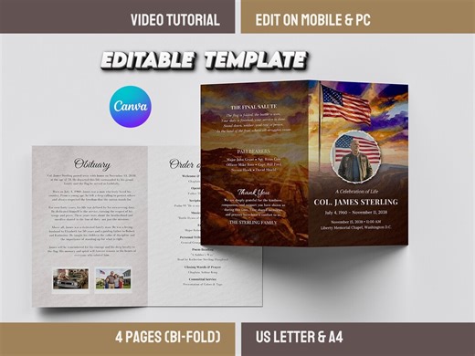 Patriotic Funeral Program Template, Military Veteran American Flag, Obituary Template for Male (canva Editable) - Etsy