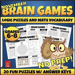6th/7th/8th Grade Fun Math Worksheets Fall November Brain Games Logic Puzzles