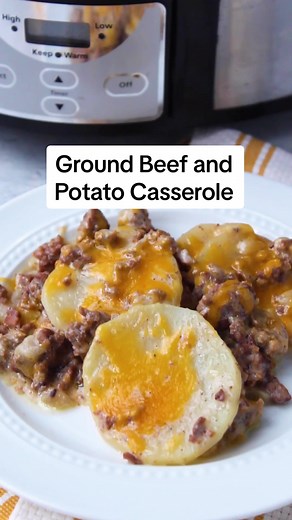 Crockpot Ground Beef and Potato Casserole 📝 This delicious crockpot hamburger potato casserole recipe features ground beef, russet potatoes, cream of mushroom soup, and cheese. Easy recipe! 🔗 FULL recipe details (nutrition, step by step photos, and more) are on my website at the link in my bio but the basics are down below 👇 📝 Ingredients 2 pounds ground beef 1 medium yellow onion diced 4 medium russet potatoes peeled and sliced thinly (about ⅛'') 2 (10.5 oz) cans cream of mushroom soup 1 cu
