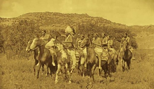 This clip from “The Daughter of Dawn” (1920 silent film) features a group of men on horses who are in pursuit of a bison herd. “The Daughter of Dawn” was filmed in the Wichita Mountains near Lawton, Oklahoma. The entire cast was comprised of Native Americans, mostly Kiowa and Comanche. These Indigenous actors brought their own tipis, horses, clothing, and traditions to the set, which made the film especially unique. After screening only a few times when it was released in 1920, “The Daughter of 