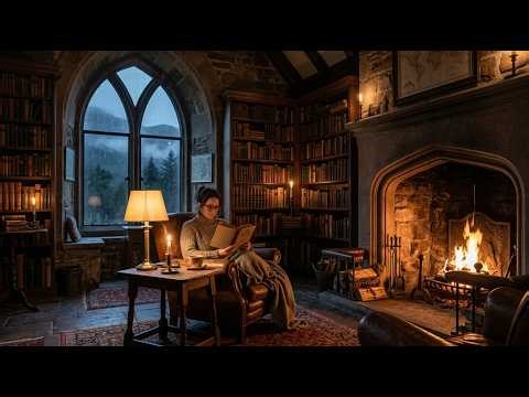 Cozy Rainy Library – Fireplace, Rain & Soft Piano Study Ambience