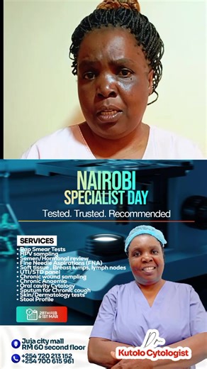 This 28th February & 1st March, join us at Juja City Mall – RM 60, 2nd Floor for comprehensive specialist screening and diagnostic services with Kutolo Cytologist. 🧪 Services Available: • Pap Smear Tests • HPV Sampling • Semen & Hormonal Review • Fine Needle Aspirations (FNA) • Breast Lump & Lymph Node Assessment • UTI / STD Panel • Chronic Wound Sampling • Chronic Anaemia Screening • Oral Cavity Cytology • Sputum for Chronic Cough • Skin / Dermatology Tests • Stool Profile ✔ Tested. ✔ Trusted.