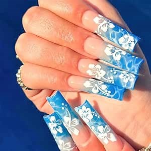 Blue Gradient Press On Square Glossy False Nails with Ocean Sea Design White Flower Print - 24Pcs Luxury Blue Blooming Glue On Nails for Women & Girls