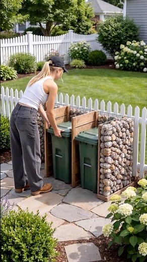 DIY Gabion Stone Trash Can Enclosure & Planter Layout