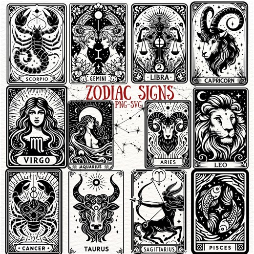 Zodiac Signs Clipart Bundle, Astrology SVG PNG, 60 Horoscope Symbol Designs, Mystical Tarot Art, Zodiac Vector Collection, Scorpio Libra Leo - Etsy