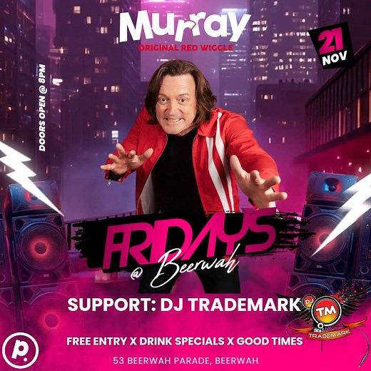 Get ready for a MASSIVE night @ Beerwah Hotel with the legendary OG Red Wiggle - Murray Cook takes the decks with support from DJ Trademark. Doors open at 8pm. It's gonna be a Wiggly good time!!! The Pushworth Group #tunedin #pushworth #dj #brisbanedj #beerwahhotel #dj_trademark #party #wahbar Murray - The Original Red Wiggle | DJ Trademark | Facebook