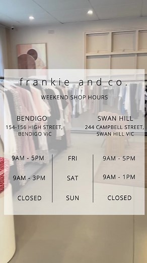 Both of our beautiful shops are open this weekend 🥰 Drop in to see all of the gorgeous New Arrivals! https://frankieandco.com.au/collections/new-arrivals | Frankie & Co Clothing