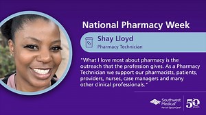 As a pharmacy technician, Shay appreciates the outreach possible through her role. She loves using the knowledge she possesses to not only support members of her team and community in the pharmacy, but to also create new opportunities for clinical teams through consulting, auditing, medication reconciliation and care delivery. Shay understands the importance of pharmacy in the medical ecosystem and in patient care. Thank you Shay for all you do. #nationalpharmacyweek | Southwest Medical Associat