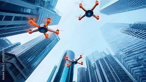 A high-tech city with AI-powered drones flying through the air, transmitting data wirelessly as beams of light, creating a fast and seamless network of communication between buildings. Stock Video