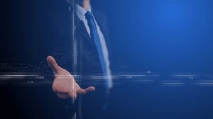 Cg technological footage. A coordinate system with numbers and words and electrons in an AI chip move against the background of a silhouette of a business man with his palm open upward