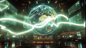 3D virtual TV studio with detailed globe displaying worldwide locations dominating the screen.