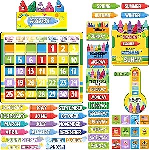 Classroom Calendar Pocket Chart Set Calendar Bulletin Board Set Seasons Festival Weather Pocket Chart for Classroom Decoration Back to School Supplies(Cool,Black White)