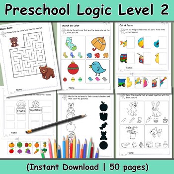 Preschool Logic Worksheets Level 2: Matching, Sorting, Patterns, Activities