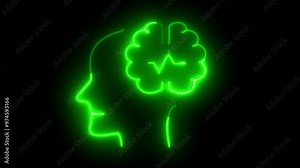 human brain with neon effect on black background. Neon brain icon, Neon Brain with Heartbeat Icon - Artificial Intelligence and Healthcare Concept
