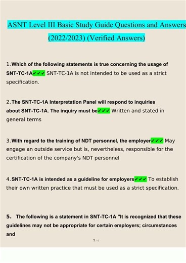 ASNT Level III Basic Study Guide Questions 20252026 Consisting Of 70 Questions With Verified Answers