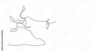 Self drawing animation of single line draw bull kick back at rodeo arena. Strong bull rodeo with hind legs raised or kicking mighty. Angry rodeo bull show. Continuous line draw. Full length animated