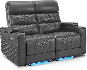 MCombo 55.1'' Zero Gravity Power Loveseat Recliner for Adults, Home Theater Seating with Power Headrest, FSC Certified, USB & Type C Ports, Armrest Storage & LED Light HTS470 (Dark Grey, Loveseat)