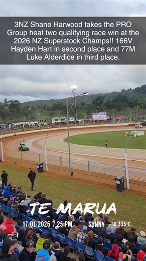 3NZ Shane Harwood takes the PRO Group heat two qualifying race win at the 2026 NZ Superstock Champs!! 166V Hayden Hart in second place and 77M Luke Alderdice in third place. | Teamspeedwaynz