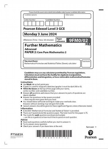 pearson edexcel a level further mathematics paper 2 2024 9fm002 core pure mathematics 2